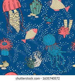 vector seamless pattern marine inhabitants - fish, jellyfish, stingray,  corals, algae, sponges. Vector blue background