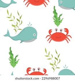 Vector seamless pattern of marine inhabitants and plants. Plant-animal pattern on a white background