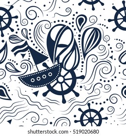 Vector seamless pattern marine life with boat, helm and waves. Underwater world. The journey by sea. Template for background, print, banner, label, poster, fabric, packaging. Flat design.