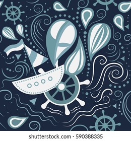 Vector seamless pattern marine life with boat, helm and waves. Underwater world. The journey by sea. Template for background, print, banner, label, poster, fabric, packaging. Flat design.