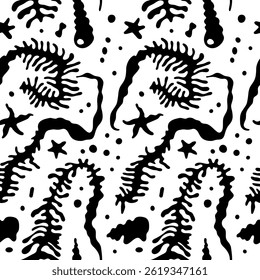 Vector seamless pattern in marine minimal naive art style — underwater ocean scene, vacation theme — hand draw illustrations of starfish, seaweed, shellfish for summer beach prints, surface design