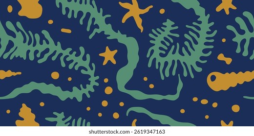 Vector seamless pattern in marine minimal naive art style — underwater ocean scene, vacation theme — hand draw illustrations of starfish, seaweed, shellfish for summer beach prints, surface design