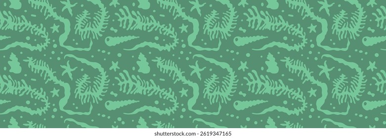 Vector seamless pattern in marine minimal naive art style — underwater ocean scene, vacation theme — hand draw illustrations of starfish, seaweed, shellfish for summer beach prints, surface design