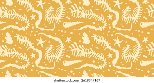 Vector seamless pattern in marine minimal naive art style — underwater ocean scene, vacation theme — hand draw illustrations of starfish, seaweed, shellfish for summer beach prints, surface design