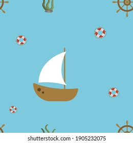 Vector seamless pattern in the marine style with the image of a lifebuoy, a ship and seaweed