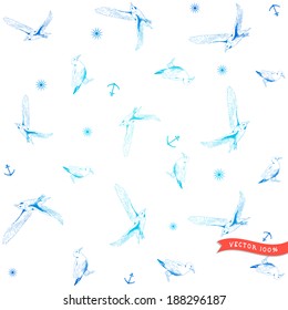 Vector seamless pattern. Marine theme. Gulls, pencil hand drawing. Sun, anchor.