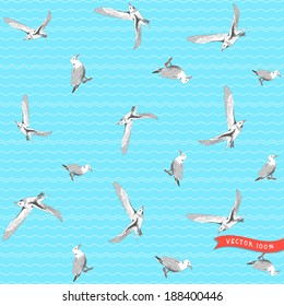 Vector seamless pattern. Marine theme. Gulls, pencil hand drawing. Simple background with wavy pattern.