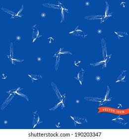 Vector seamless pattern. Marine theme. Gulls, pencil hand drawing. Sun, anchor.