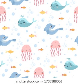 Vector seamless pattern. Marine underwater world. Fish, jellyfish, whale, dolphin. Cute sea bastards, babies