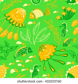Vector seamless pattern with marine underwater life. Background with cute fish, jellyfish and seahorse in cartoon style