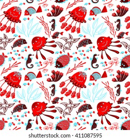 Vector seamless pattern with marine underwater life. Background with cute fish, jellyfish and seahorse in cartoon style