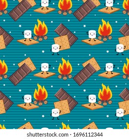 
Vector seamless pattern with s’mores. Marshmallow cartoon character, campfire, chocolate bars and graham crackers on a striped background.  