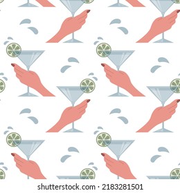 Vector seamless pattern with a martini glass and lime. Female hands holds alcoholic drink. beverage wallpaper.