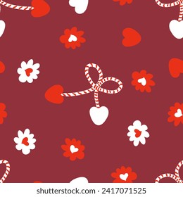 Vector seamless pattern with martisor symbol of spring, hearts and flowers. Print for paper, textile and fabric. Perfect surface design.


