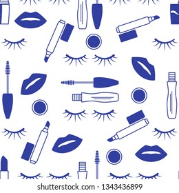 Vector seamless pattern with mascara, eyelashes, lips, lipstick, lip gloss. Decorative cosmetics, makeup background. Glamour fashion vogue style. Design for banner, poster or print.