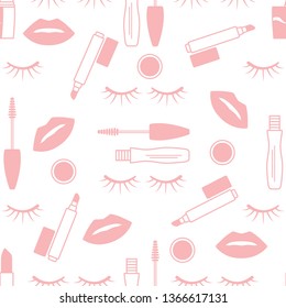 Vector seamless pattern with mascara, eyelashes, lips, lipstick, lip gloss. Decorative cosmetics, makeup background. Glamour fashion vogue style. Design for banner, poster or print.