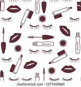 Vector seamless pattern with mascara, eyelashes, lips, lipstick, lip gloss. Decorative cosmetics, makeup background. Glamour fashion vogue style. Design for banner, poster or print.