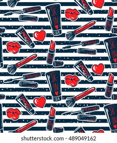 Vector seamless pattern with mascara,lipstick,brush,lips, hearts.Makeup background.Trendy graphic in vogue style.Cute cosmetics repeat background.