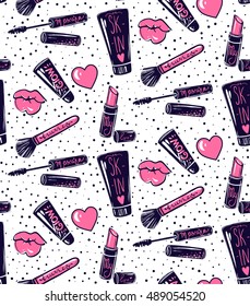 Vector seamless pattern with mascara,lipstick,brush,lips, hearts.Makeup background.Trendy graphic in vogue style.Cute cosmetics repeat background.