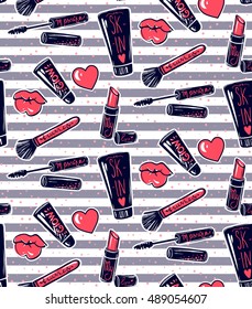 Vector seamless pattern with mascara,lipstick,brush,lips, hearts.Makeup background.Trendy graphic in vogue style.Cute cosmetics repeat background.