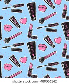 Vector seamless pattern with mascara,lipstick,brush,lips, hearts.Makeup background.Trendy graphic in vogue style.Cute cosmetics repeat background.