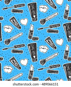 Vector seamless pattern with mascara,lipstick,brush,lips, hearts.Makeup background.Trendy graphic in vogue style.Cute cosmetics repeat background.