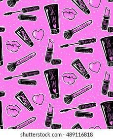 Vector seamless pattern with mascara,lipstick,brush,lips, hearts.Makeup background.Trendy graphic in vogue style.Cute cosmetics repeat background.