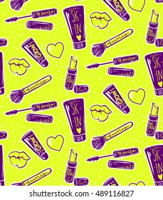 Vector seamless pattern with mascara,lipstick,brush,lips, hearts.Makeup background.Trendy graphic in vogue style.Cute cosmetics repeat background.