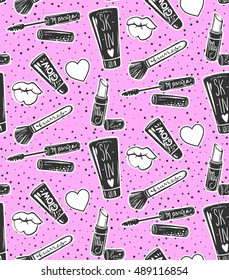 Vector seamless pattern with mascara,lipstick,brush,lips, hearts.Makeup background.Trendy graphic in vogue style.Cute cosmetics repeat background.