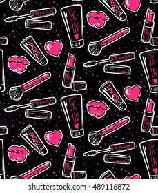 Vector seamless pattern with mascara,lipstick,brush,lips, hearts.Makeup background.Trendy graphic in vogue style.Cute cosmetics repeat background.