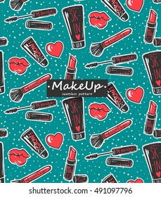 Vector seamless pattern with mascara,lipstick,brush,lips, hearts.Makeup background.Trendy graphic in vogue style.Cute cosmetics repeat background.