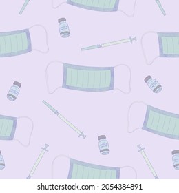 Vector seamless pattern with mask and COVID-19 vaccine on lilac background