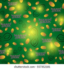 Vector seamless pattern with masks, Mardi Gras inscription and coins