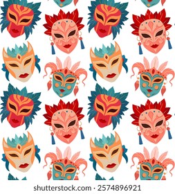 Vector seamless pattern with masquerade masks with feathers. Festive texture with flat style Venetian mask for wallpaper and your creativity