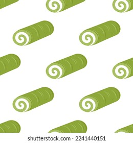 Vector seamless pattern with matcha roll cake with white cream filling. White background with japanese traditional matcha dessert. Asian food.