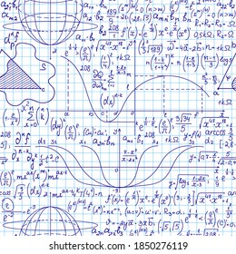 Vector seamless pattern with mathematical equations, plots and formulas handwritten on grid copybook paper