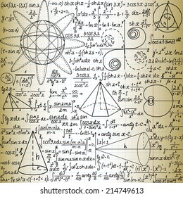 Vector seamless pattern with mathematical figures and formulas, "handwritten on the old copybook paper"