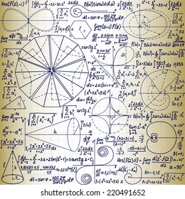 Vector seamless pattern with mathematical figures, plots and formulas, "handwritten on the old copybook paper"