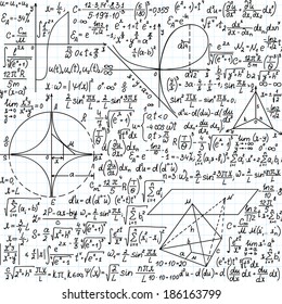 Vector seamless pattern with mathematical formulas, equations and figures, "handwritten on the copybook paper"