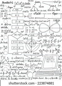 Vector seamless pattern with mathematical formulas and programming code, "handwritten on the linear paper sheet"