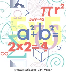 Vector seamless pattern. Mathematical formulas and symbols. Poster, cover of the textbook or notebook. Gentle colors