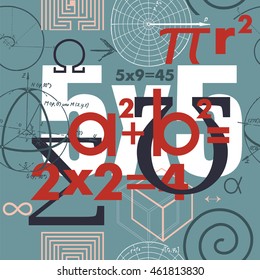 Vector seamless pattern. Mathematical formulas and symbols. Poster, cover of the textbook or notebook. Flat design. Back to school