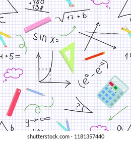 Vector seamless pattern "Mathematics" on the background of the sheet of notebook. Figures, textbooks, signs for registration of educational (school, student) projects