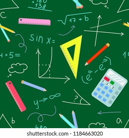 Vector seamless pattern "Mathematics" on the background "blackboard". Figures, textbooks, signs for registration of educational (school, student) projects