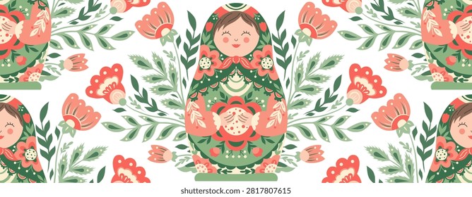 Vector seamless pattern with a matryoshka in folk art style and a floral ornament. Tracery texture with decorative Slavic souvenir. Matryoshka doll with flowers wallpaper