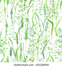 Vector seamless pattern. Meadow grass background. Green grass silhouettes on white. Ecological nature and organic product design.