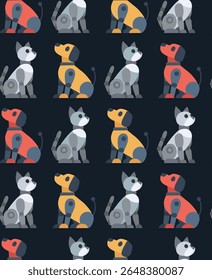 Vector seamless pattern with mechanical pets. Texture with robot dogs and robot cats in row on dark background. Animals of the future for wallpaper