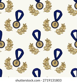 Vector seamless pattern with medals and golden laurel leaves.