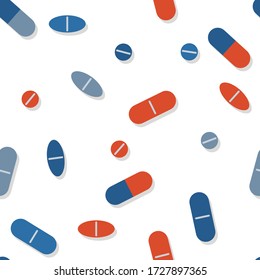 Vector seamless pattern with medical drugs red and blue color on white background