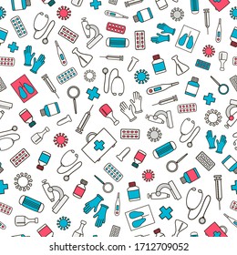 Vector seamless pattern with medical elements: syringe, test tube, medicine, pills, magnifier, medical mask, lungs, gloves, microscope, stethophonendoscope, virus, thermometer. Doodle background.